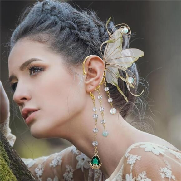Fairy Elf Ear Cuffs for Women Butterfly Wing Non Pierced Tassel Cosplay Earrings - Picture 2 of 7